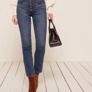 Reformation winona mid rise denim jean button 25 Baltic